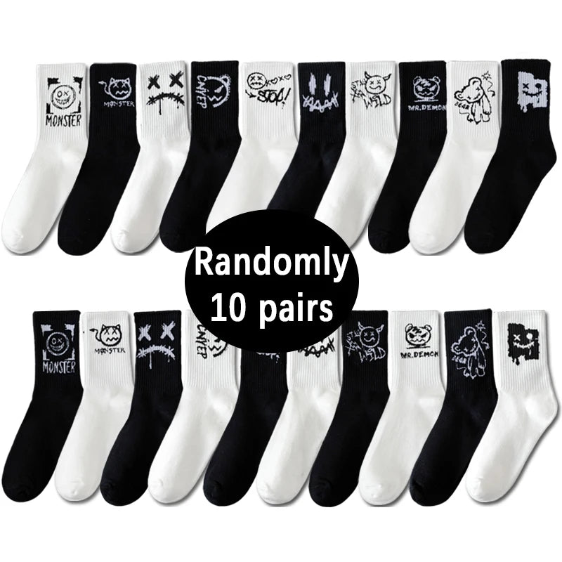 10 Pairs of Men Mid-Length Socks with Graffiti Funny Faces Unique