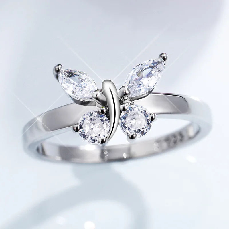 925 Sterling Silver Cubic Zirconia Butterfly Rings For Women Girls