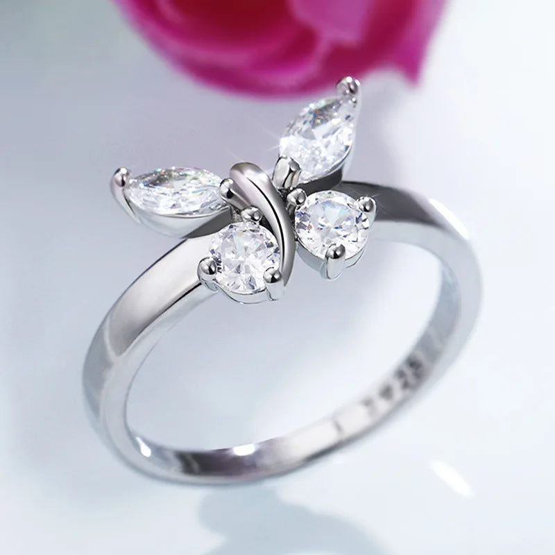 925 Sterling Silver Cubic Zirconia Butterfly Rings For Women Girls
