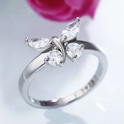 925 Sterling Silver Cubic Zirconia Butterfly Rings For Women Girls