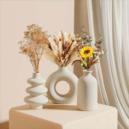 Set of 3 White Ceramic Bohemian Vase Set, Creative home decoration