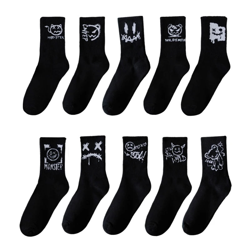 10 Pairs of Men Mid-Length Socks with Graffiti Funny Faces Unique