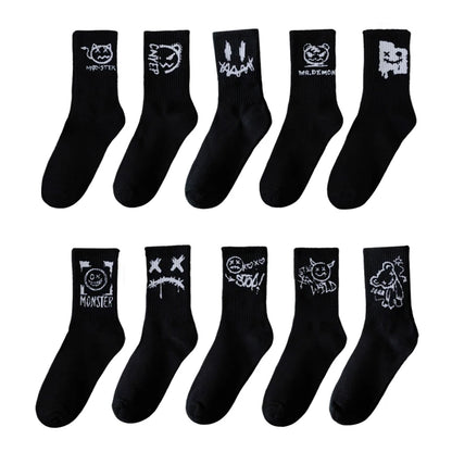 10 Pairs of Men Mid-Length Socks with Graffiti Funny Faces Unique