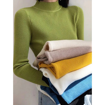 Autumn Winter Mock Neck Women Sweater Vintage Basic Solid