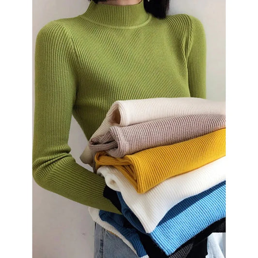 Autumn Winter Mock Neck Women Sweater Vintage Basic Solid