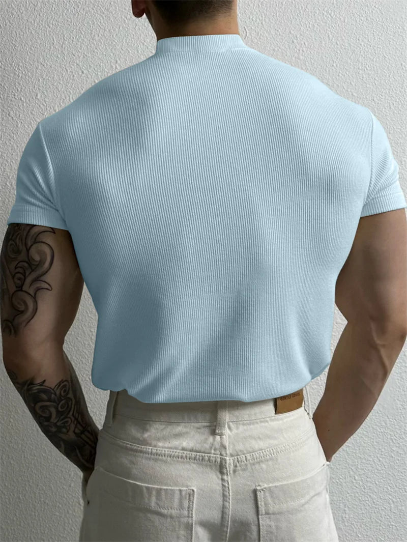 spring summer fashion Men's T-shirt Small high collar stripe shirt short