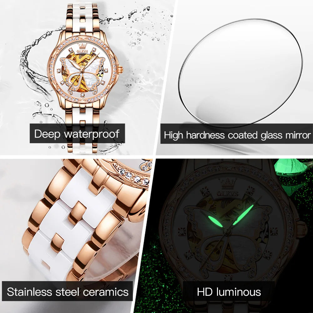 OLEVS 6622 Automatic Watch for Women Fashion Hollow Butterfly Diamond