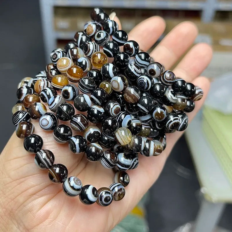 JD Natural Black Coffee Agate Stripes Onyx With Eyes Bead Bracelets Women