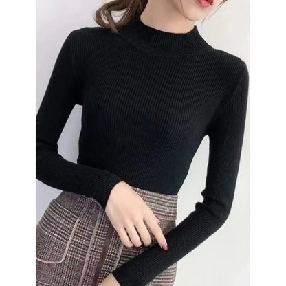 Autumn Winter Mock Neck Women Sweater Vintage Basic Solid