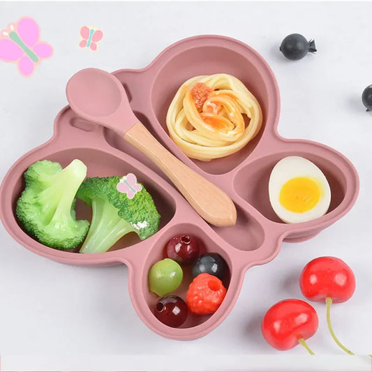 2pcs Baby Butterfly Silicone Dining Plate Sucker Bowl Divided Sectioned