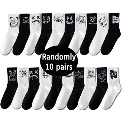 10 Pairs of Men Mid-Length Socks with Graffiti Funny Faces Unique
