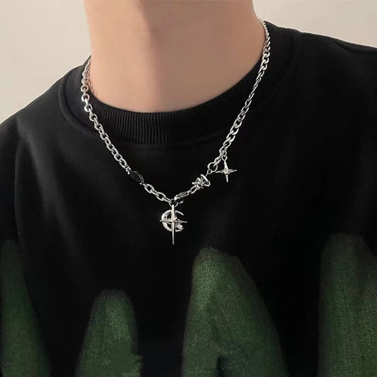 JWER New Y2K Cuban Figaro Chain Star Moon Pendant Necklace