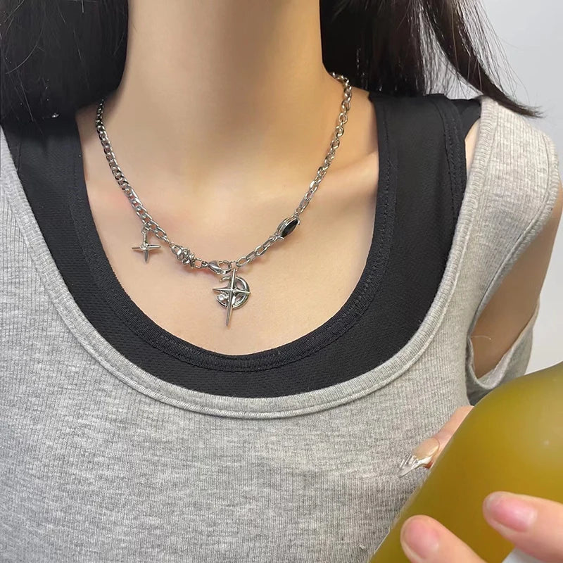JWER New Y2K Cuban Figaro Chain Star Moon Pendant Necklace