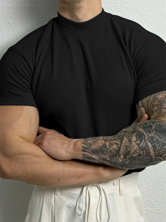 spring summer fashion Men's T-shirt Small high collar stripe shirt short