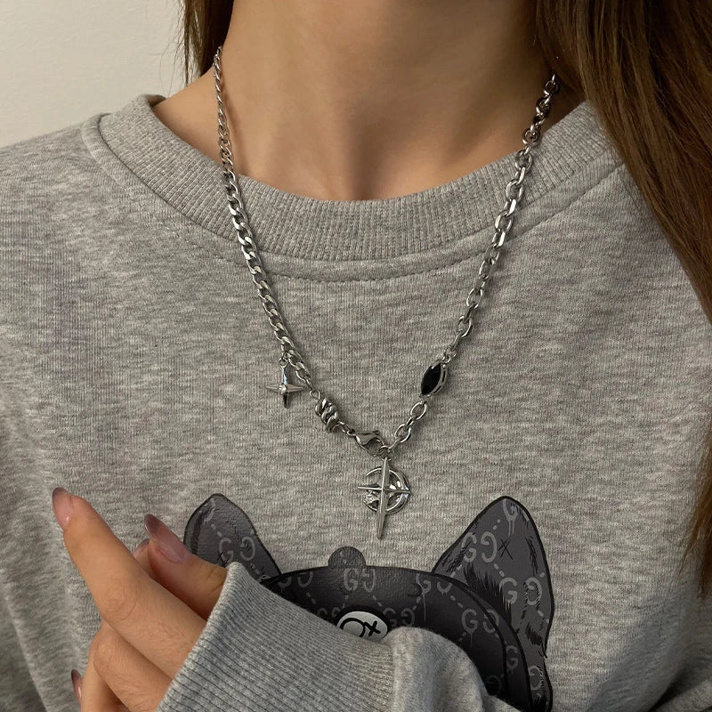 JWER New Y2K Cuban Figaro Chain Star Moon Pendant Necklace
