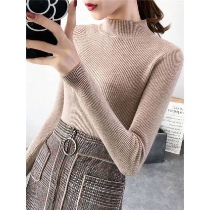 Autumn Winter Mock Neck Women Sweater Vintage Basic Solid