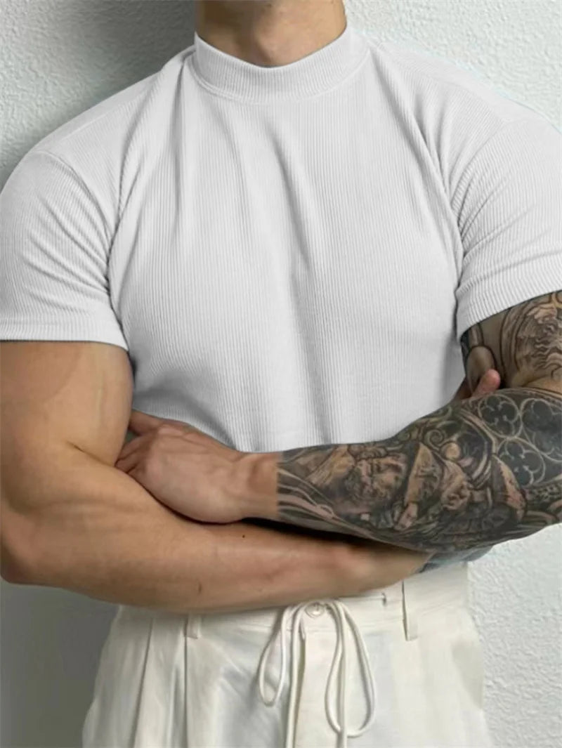 spring summer fashion Men's T-shirt Small high collar stripe shirt short