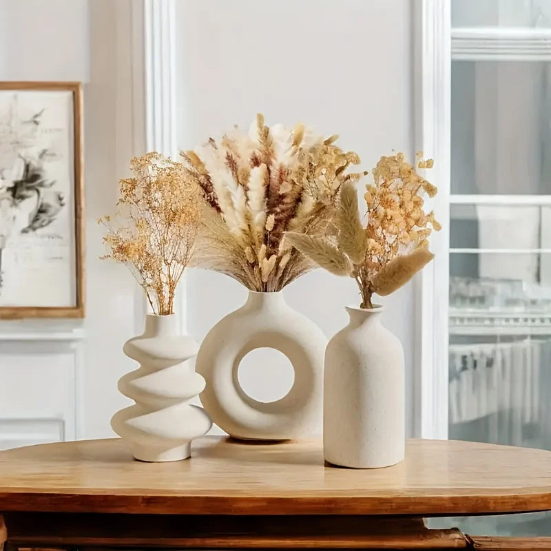 Set of 3 White Ceramic Bohemian Vase Set, Creative home decoration