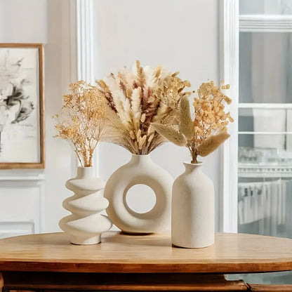 Set of 3 White Ceramic Bohemian Vase Set, Creative home decoration
