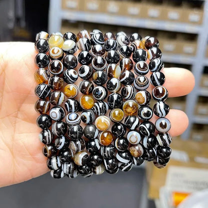 JD Natural Black Coffee Agate Stripes Onyx With Eyes Bead Bracelets Women