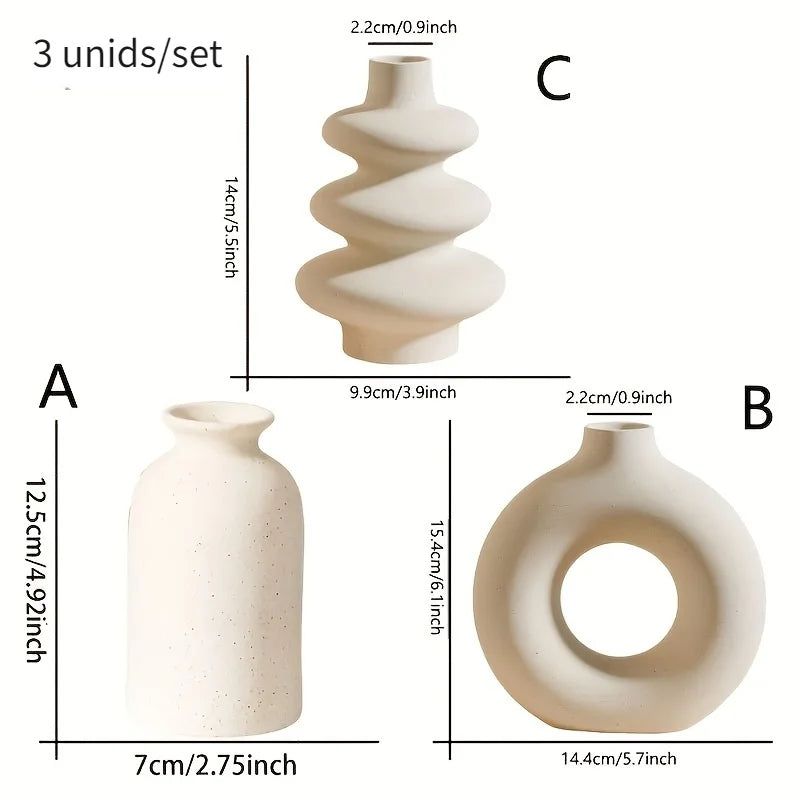 Set of 3 White Ceramic Bohemian Vase Set, Creative home decoration