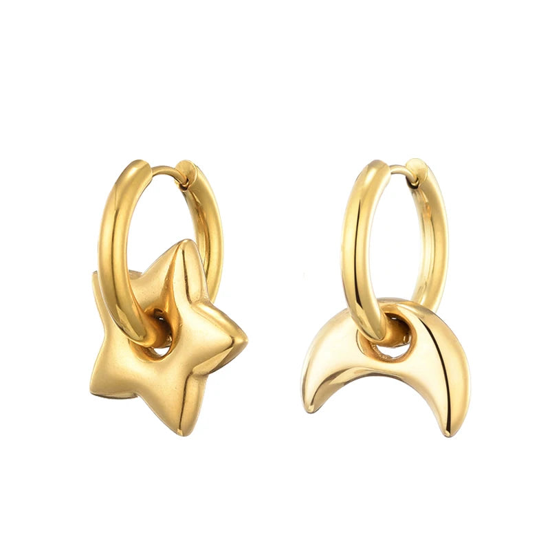 Classic Stainless Steel Heart Star Hoop Earrings For Women