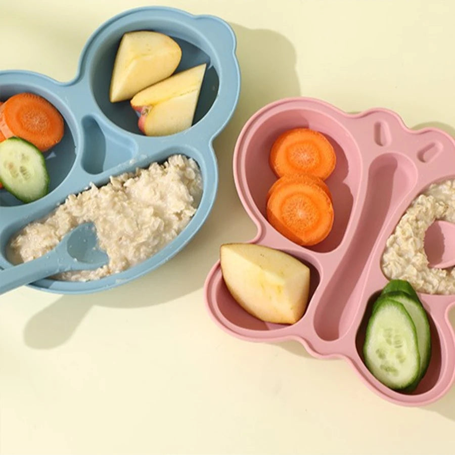 2pcs Baby Butterfly Silicone Dining Plate Sucker Bowl Divided Sectioned