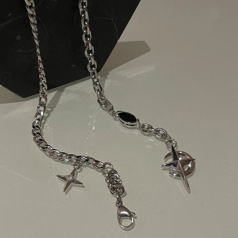 JWER New Y2K Cuban Figaro Chain Star Moon Pendant Necklace