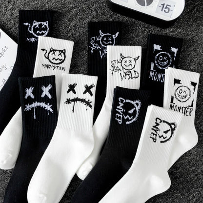 10 Pairs of Men Mid-Length Socks with Graffiti Funny Faces Unique