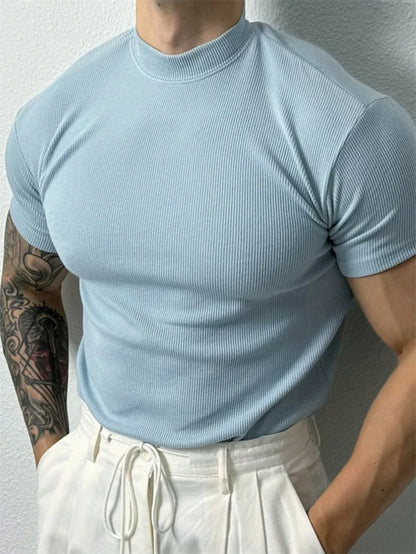 spring summer fashion Men's T-shirt Small high collar stripe shirt short