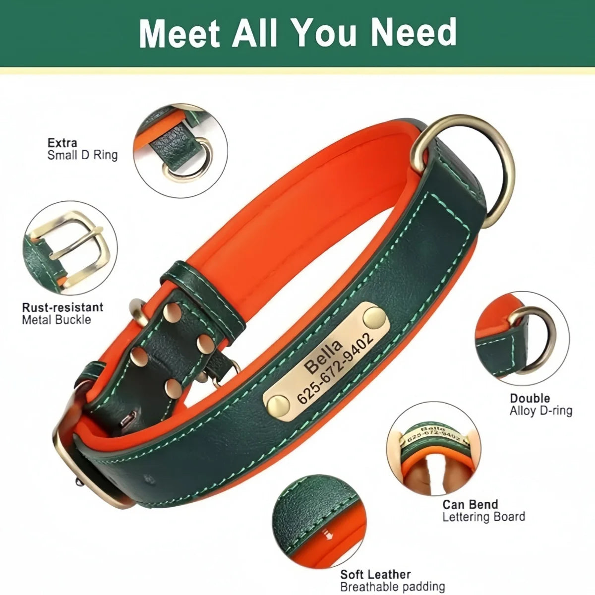 Personalized Customized Leather ID Nameplate Dog Collar Soft Padded Dogs