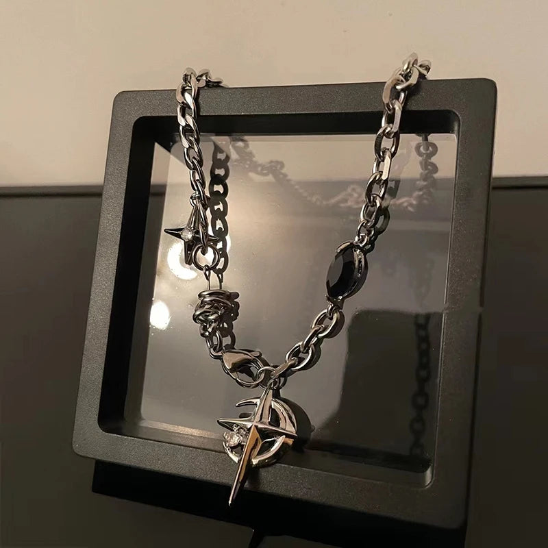 JWER New Y2K Cuban Figaro Chain Star Moon Pendant Necklace