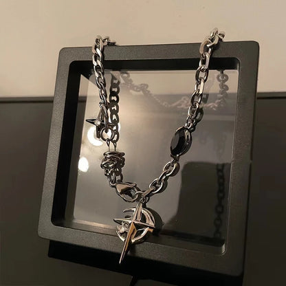 JWER New Y2K Cuban Figaro Chain Star Moon Pendant Necklace