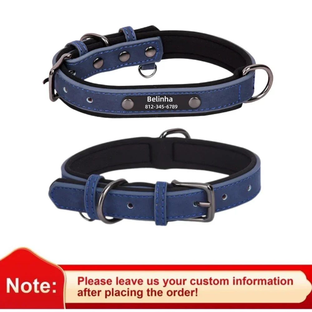 Personalized Customized Leather ID Nameplate Dog Collar Soft Padded Dogs