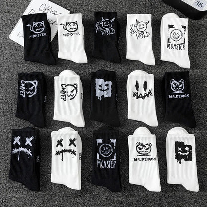 10 Pairs of Men Mid-Length Socks with Graffiti Funny Faces Unique