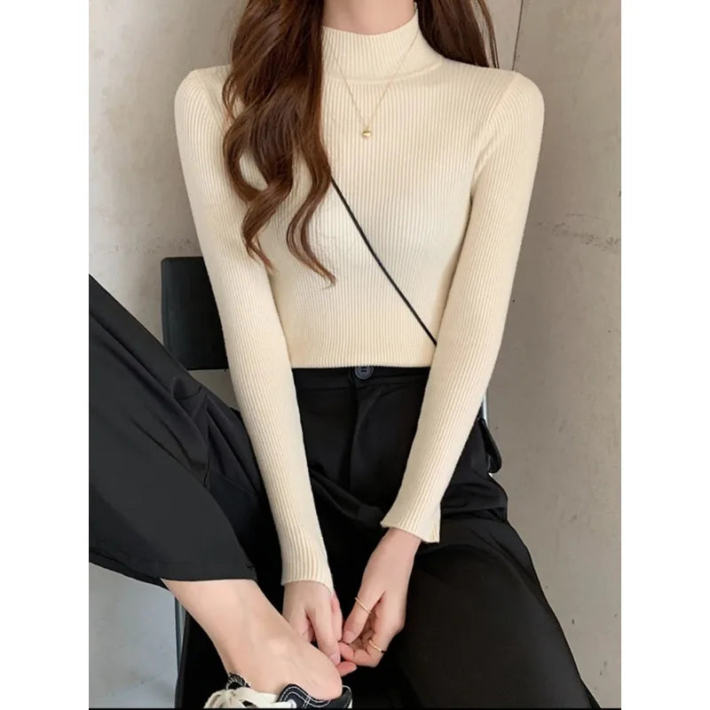 Autumn Winter Mock Neck Women Sweater Vintage Basic Solid