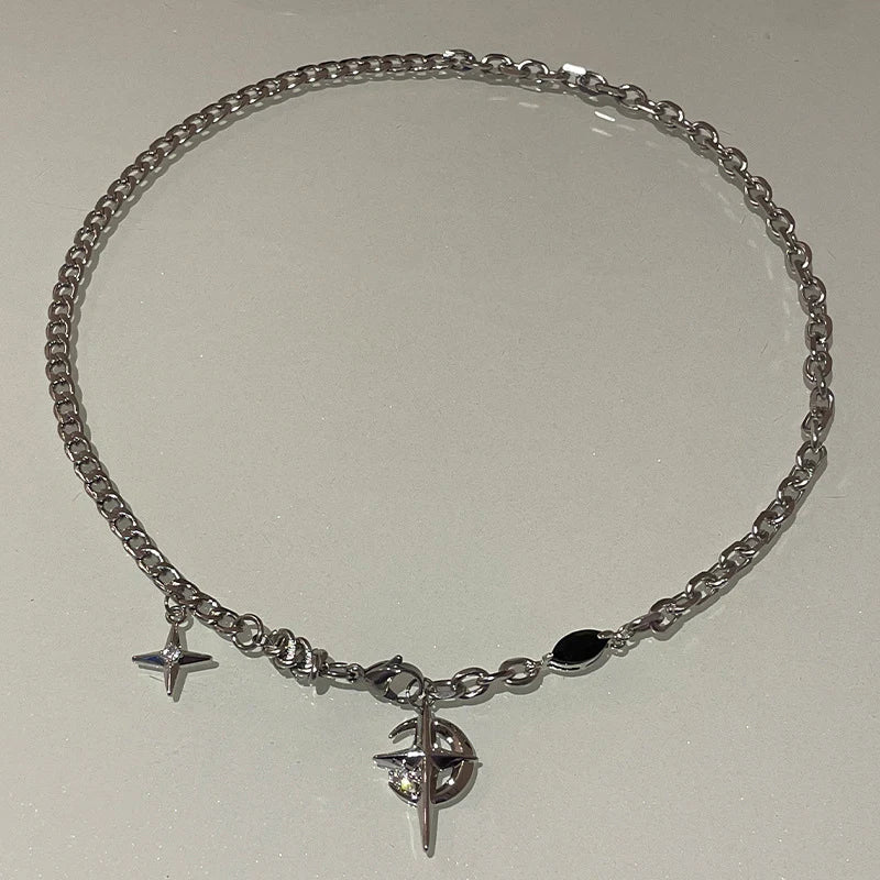 JWER New Y2K Cuban Figaro Chain Star Moon Pendant Necklace