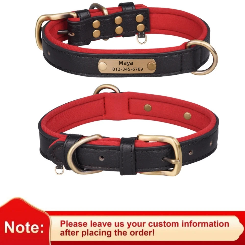 Personalized Customized Leather ID Nameplate Dog Collar Soft Padded Dogs