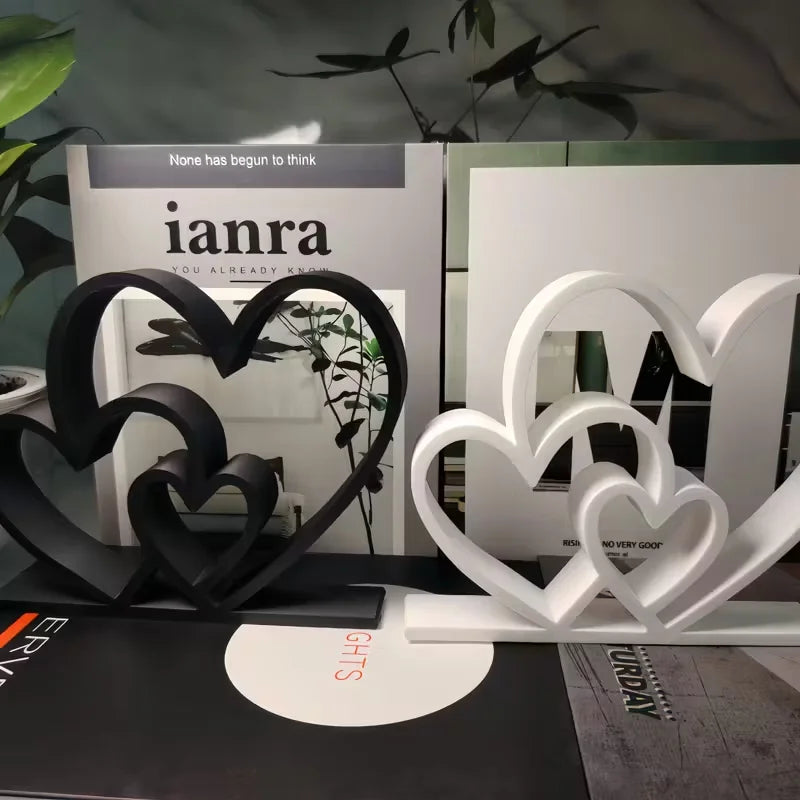 Heart-to-Heart Statue - Black & White Love Ornament, Desk & Bookshelf Decor,