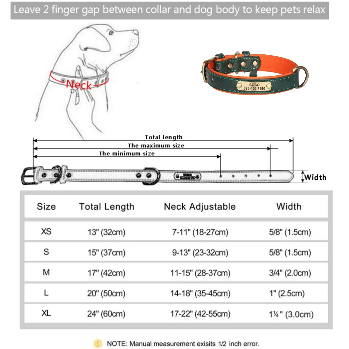 Personalized Customized Leather ID Nameplate Dog Collar Soft Padded Dogs