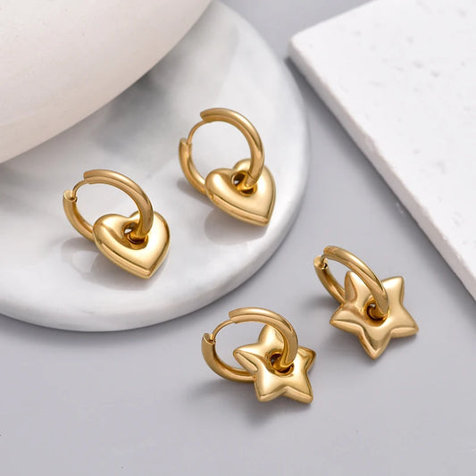 Classic Stainless Steel Heart Star Hoop Earrings For Women