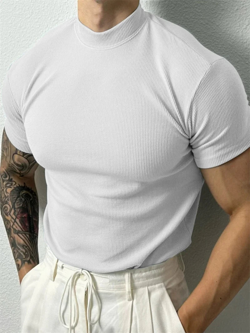 spring summer fashion Men's T-shirt Small high collar stripe shirt short