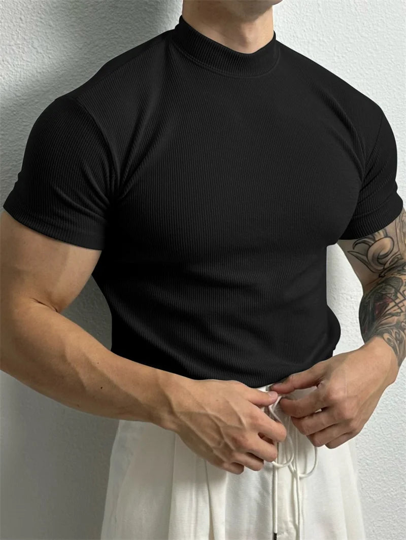 spring summer fashion Men's T-shirt Small high collar stripe shirt short