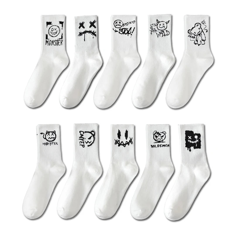 10 Pairs of Men Mid-Length Socks with Graffiti Funny Faces Unique
