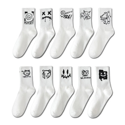 10 Pairs of Men Mid-Length Socks with Graffiti Funny Faces Unique