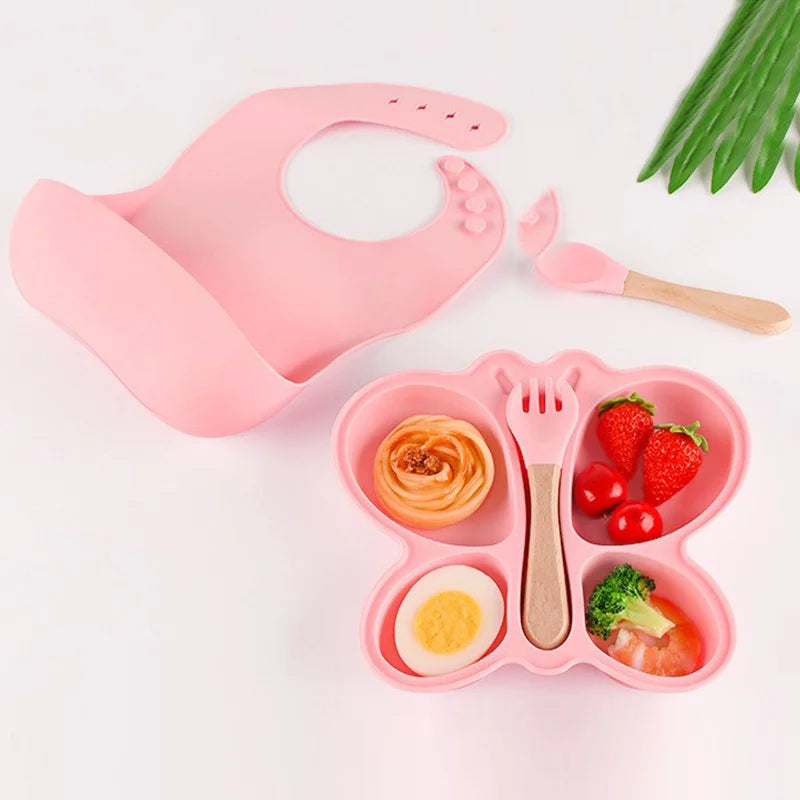 2pcs Baby Butterfly Silicone Dining Plate Sucker Bowl Divided Sectioned