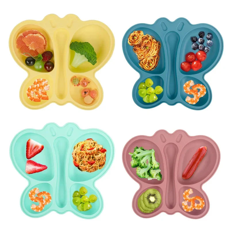 2pcs Baby Butterfly Silicone Dining Plate Sucker Bowl Divided Sectioned