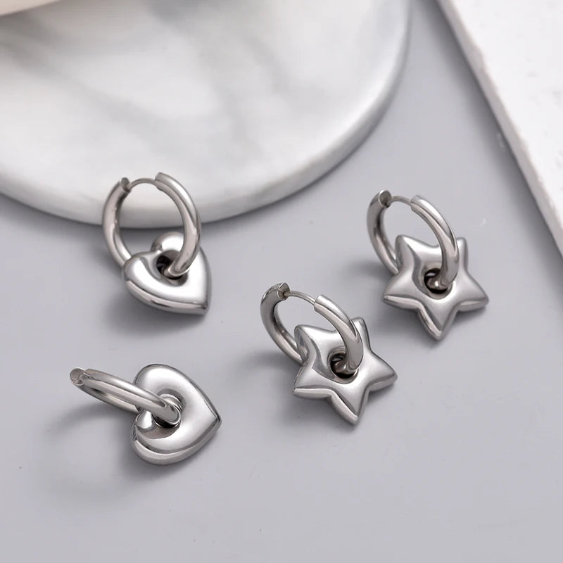 Classic Stainless Steel Heart Star Hoop Earrings For Women