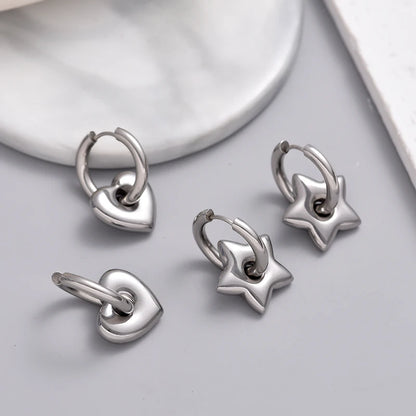 Classic Stainless Steel Heart Star Hoop Earrings For Women