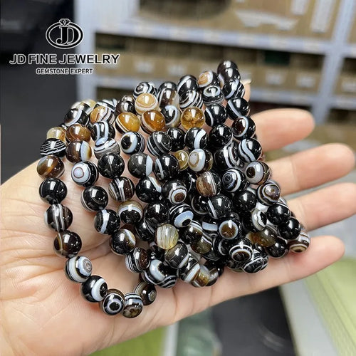 JD Natural Black Coffee Agate Stripes Onyx With Eyes Bead Bracelets Women
